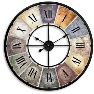 wall-art K&L Wall Art Große Vintage Wanduhr Retro XXL Antike Metall Uhr Edelstahl Groß Shabby Chic römische Ziffern Gross für Wohnzimmer Wand Ø 80cm (Metall Bunt)
