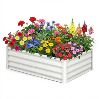 Hochbeet Aus Verzinktem Stahl 183x91x30 cm – Rechteckiges Metall-Hochbeet Mit Sicherheitskante & Handschuhen – Pflanzbeet Für Garten, Gemüse, Kräuter & Blumen – Weiß
