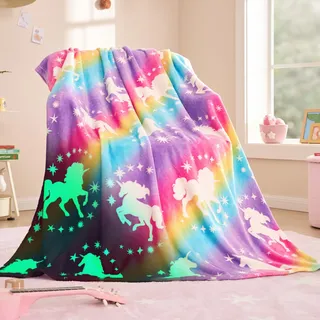 Joiedomi Decke Kuscheldecke Leuchtet im Dunkeln – Rosa Einhorn-Geschenk für Mädchen im Alter von 2 bis 12 Jahren – Weiche, gemütliche Flanell-Kinderdecke – Geburtstagsgeschenk 50"×60"