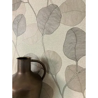 Newroom Vliestapete Braun Blätter Tapete Landhaus Wohnzimmer | Feine Textilstruktur, Blätter als Konturzeichnung, braune beige Linienoptik, Landhausstil, Mustertapete, Schlafzimmer, Flur