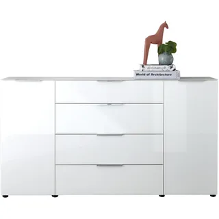 Stella Trading Sideboard Kommode SANTORIN weiß 180 cm breit mit Glasfront, Schrank Korpus in weiß mit Oberboden in Glas und Schubladen für Ihren Wohnbereich - 180 x 99 x 40 cm (B/H/T)