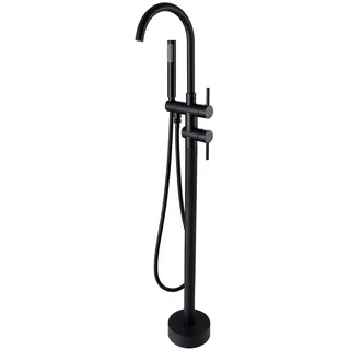 Freistehende Badewannen-Wasserhahn, Wasserfall-Füller, Bodenmontage, Badezimmer-Armaturen, Messing, Einzelgriff mit Handbrause, hoher Durchflussmenge, mattschwarzer Wasserhahn, lang (Schwarz Nickel)
