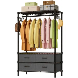 KZOBYD Kleiderständer mit Stoffschubladen, Kleiderstange, Metall Garderobenständer Schwerlast-Kleiderständer Kleiderbügel mit Kleiderstangen und Ablage, 90 * 40 * 180 cm (Schwarz)