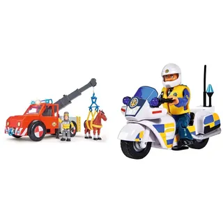 Simba 109258280 - Feuerwehrmann Sam Phoenix / 23cm / Mit Sam Figur und Pferd & 109251092 - Feuerwehrmann Sam Polizei Motorrad, mit Malcolm Figur, mit Zubehör, Staffel 12, ab 3 Jahren
