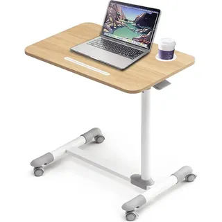 Höhenverstellbarer Beistelltisch mit 4 Rollen, Mobiler Stehpult & Laptoptisch, Überbett-Tisch für Pflegebett & Krankenhaus, Schreibtisch für Büro & Homeoffice (Holz)