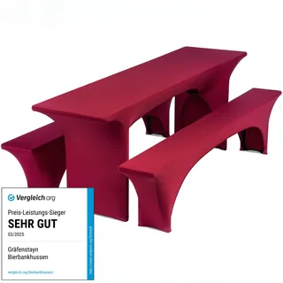 Gräfenstayn® Leopold Stretch - Biertischhussen-Set 3 TLG für Bierzeltgarnitur - 50cm oder 70cm Tischbreite - mit Öko-Tex Siegel Standard 100 : "Geprüftes Vertrauen 30567 (Bordeaux, 70x220cm)