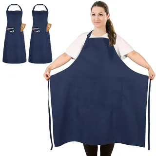 2 Stück Übergröße Kochschürze, Marineblau Schürzen Kochen für Männer Damen | Verstellbare Küchenschürze mit 2 Taschen zum Kochen, Grillen, Arbeiten, Unisex Schürze für Kellner, Friseur Große Größe