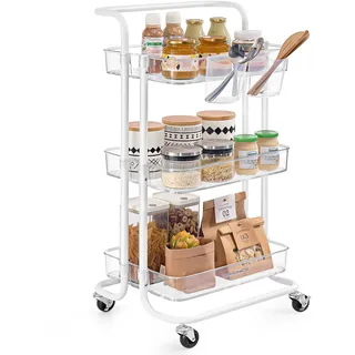 Songmics Rollwagen, 3 Ebenen, Servierwagen, Küchenwagen mit Griff, 2 kleine Einhängefächer, 2 Bremsen, Ablagefächer aus Kunststoff, einfacher Aufbau, Schlafzimmer, weiß-transparent BSC067W03