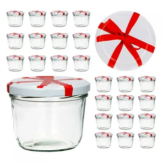 CapCro 25er Set Sturzglas 230 ml to 82 weißer Deckel mit Schleifendekor Marmeladenglas Einmachglas Einweckglas