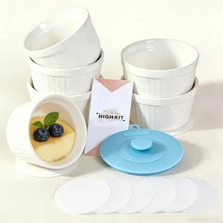 Highkit Creme Brulee Schälchen 6 Stück, 9 cm - 200 ml Souffle Förmchen Backofenfest, Souffleeförmchen Schüsseln, Creme Brulee Schalen, Keramikförmchen Ofenfeste Förmchen, Ragout Fin Schalen,Weiß