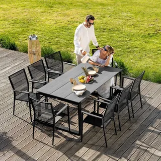 di volio Gartenmöbel PREZZA, langlebiges Gartenmöbel-Set für 8 Personen - Esstisch & 8 Stühle, Kunstholz & Aluminium, stapelbare und bequeme Stühle - Grau, Schwarz
