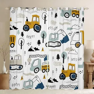 Auto LKW Drucken Vorhänge Karikatur Bagger Kran Zugmaschine Fenstervorhänge 245x140cm Kinder Jugendliche Schlafzimmer Dekor LKW Traktor Bau Schiebevorhänge Weiß Gelb für Mädchen Jungen Zimmer