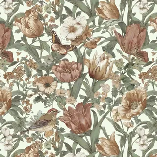 Timeet Selbstklebende Tapete 44x300cm Blumentapete Beige Klebefolie Möbel Boho Vinyl Dekofolie Vintage Möbelfolie Blumen Vögel Wandverkleidung für Wohnzimmer Schlafzimmer Braun Grün