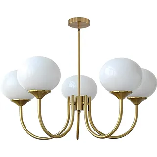 KCO Lighting Sputnik-Kronleuchter in Gold mit weißen Glaskugeln, 5 Leuchten E27 Vintage-Deckenleuchte, Moderne verstellbare Pendelleuchte für Schlafzimmer, Wohnzimmer und Küche