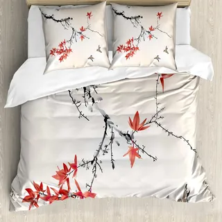 ABAKUHAUS japanisch Bettbezug Set, Kirschblüte Sakura Äste romantischen Frühling unter dem Motto Aquarell Bild, 155 x 220 cm + 80 x 80 cm, Coral Schwarz - Schwarz