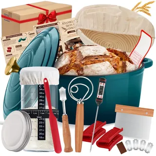 NZQXJXZ Gusseisen Topf Brot Backen, 26cm Emaille Schmortopf mit Deckel Brotbackform mit Banneton Brot Gärkorb Sauerteig Brotbacken Zubehör, 2-in-1 Brotbacktopf mit Pfanne Deckel Kochen Pan
