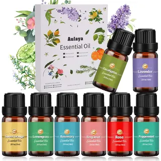 Ätherische Öle Set 8 x 10 ml, 100% Naturrein Aroma Duftöl Rosmarin, Bergamotte, Eukalyptus, Lavendel Pfefferminze, Zitronengras Bergamotte etc für Diffuser, Seife, Kerzen, Luftbefeuchter, SPA