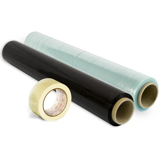 2er Pack Folie Farbe Verpackung + transparentes Klebeband, elastische Rolle, 50 cm ausziehbar bis 300 m, Umzugs- und Verpackungsschutz - Ofituria (Schwarz und Transparent + Klebeband)