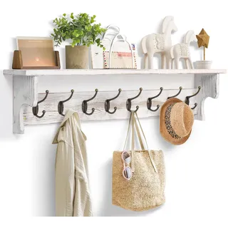 Bekrvio Wandgarderobe mit Ablage, Wandregal aus Massivholz, Garderobenleiste aus Kiefer mit 8 Haken, Rustikaler Vintage-Look für Flur, Eingangsbereich, Schlafzimmer, 91 cm