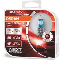 OSRAM NIGHT BREAKER LASER HB4, +150% mehr Helligkeit, Halogen-Scheinwerferlampe, 9006NL-HCB, 12V PKW, Duo Box (2 Lampen)