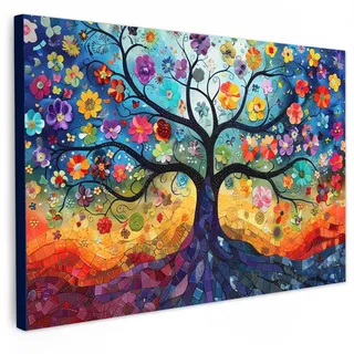 MuchoWow Leinwandbild Kunst - Baum des Lebens - Blumen - Hippie XXL 150x100 cm , Dunkelblau , Textil , Kiefer , Rechteckig , 150x100 cm , FSC 100% , gerahmt , Bilder & Rahmen, Bilder, Leinwandbilder