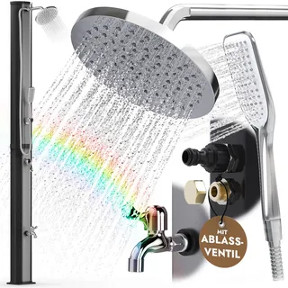 Solardusche Gartendusche 40l  mit Handbrause  Sauna  Dusche Garten Pool  Außendusche schwarz mit 304 / V2A Edelstahlblende - Silber
