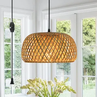 Vintage Bambus Pendelleuchte mit mit 4,2 m Dimmerkabel, 38 CM handgefertigtes Kunsthandwerk Rattan Lampenschirm, Boho Lampe Hängelampe Korb Lampenschirm Wohnzimmer, Schlafzimmer, E27(keine Glühbirne)