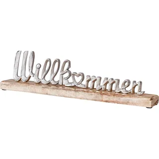 Schriftzug Willkommen L45cm Metall Silber Mango Holz Tischdeko Deko Aufsteller - Silber