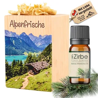 sagl.tirol® Zirbenholz Set mit Zirbenspäne und 10 ml Zirbenöl - Zirbelkiefer Öl – Zirbenduft und Deko aus Zirbelkiefer – Nachhaltige Zirbenholz Produkte, Zirbenwürfel, Raumduft Zirbe - Bergmotiv Farbe