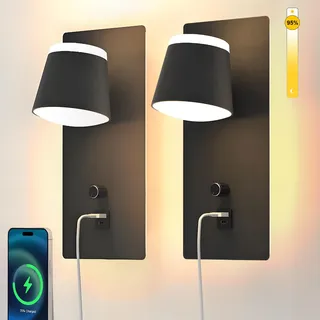 Sytmhoe 2 Stück 16W Wandlampe Dimmbar Mit Schalter USB Type C Ladeanschluss, 3000K Schwarz Innen Led Wandleuchten Für Schlafzimmer Wohnzimmer Treppenhaus Küche, Aluminium Nachttisch Leselampe Wand