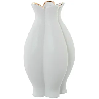 DRW Tischvase aus Keramik in weißer Form mit Goldrand, 23 x 23 x 40 cm