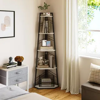 YITAHOME Eckregal, 5-stöckiges Leiterregal, Industrielles Bücherregal, Bodenstehendes Regal, Offenes Standregal aus Holz, für Wohnzimmer, Flur, Schlafzimmer, Home-Office, Weiße Lagerregal