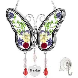 KUNDGLA Schmetterling Sonnenfänger Oma Glas Sonnenfänger Gepresst Echte Blumenflügel im Glas Schmetterling Sonnenfänger Oma Geburtstagsgeschenk Ornament für Fenster mit Metall Herz Charm