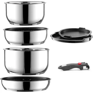 Topfset mit Abnehmbarer Griff, 7-Teilig Antihaft Pfannensets Induktion | Edelstahl Kochtopf set mit Deckel, PTFE/PFAS/PFOA frei, für Alle Herdarten &Spülmaschinenfes Ideal für Alltag, Camping