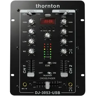Thornton DJ-3053 USB - 2-Kanal-DJ-Mixer mit USB-Anschluss, Phono-/Line- und Mikrofoneingängen – Kompakte DJ-Konsole für Zuhause, Partys und kleine Veranstaltungen