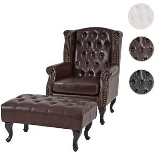 Sessel Relaxsessel Clubsessel Ohrensessel Chesterfield, Kunstleder ~ antik-braun mit Ottomane