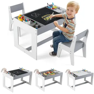 FANTASK 3-in-1 Kindertisch mit 2 Stühlen, Kindersitzgruppe mit Stauraum, Wendbare Tischplatte & Abnehmbare Trennwände, Basteltisch Maltisch Spieltisch für Kinder ab 3 Jahren (Grau)