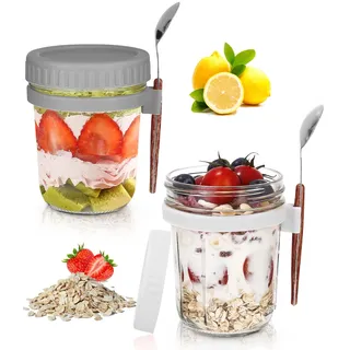 2er Haferbehälter Overnight Oats Gläser Hafergläser für Übernachtung Glas | Müslibecher to go kinder mit Deckel und Löffel Joghurtbecher Einmachgläser Joghurt to Go Becher Salatbecher, 350ml