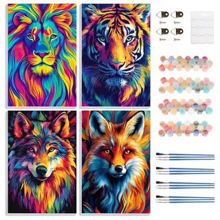DOMROM Malen Nach Zahlen Erwachsene, 4 Stück Malen Nach Zahlen mit Rahmen Tier, Bunt Löwe Tiger Wolf Fuchs DIY Paint By Numbers Adults Handgemalt Acrylic Öl Rahmen Set für Geschenk Dekor(20x30cm)