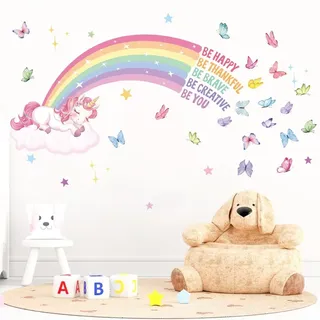 fufuquare Sei Glücklich Bunte Inspirierende Wandtattoo mit Regenbogen Einhorn Wolke Schmetterlinge, Abziehen und Aufkleben Wandaufkleber für Mädchen Schlafzimmer, Esszimmer, Wohnzimmer