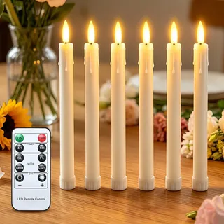 cimetech 6 Stück LED Stabkerzen mit Timerfunktion, flackernde Flamme LED Echtwachskerzen mit Fernbedienung Stabkerzen led Kerzen (2 x 22.5CM) für Zimmer Deko, Hochzeit und Party
