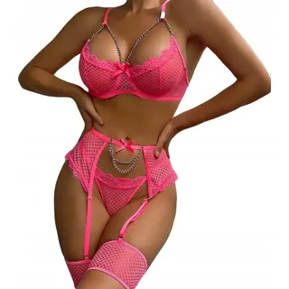 Schönes Damen Unterwäsche Set: BH, String, Träger, Ketten, Rosa L - Rosa