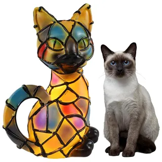 Aohcae Katzenlampe Mosaik, LED Tiffany Leuchtkatze Lampe, Wunderschöne Vintage Tierfigur Lampe aus Harz, USB Tischlampe mit 3D Tierdesign, Geschenk für Katzen und Hundefans [Energieklasse A]