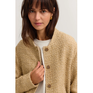 Kurzjacke BUGATTI "Hochwertig", Damen, Gr. 36, 50, beige, 56% Polyacryl, 30% Baumwolle, 10% Polyester, 2% Polyamid, 2% Viskose, unifarben, regular fit, Jacken Kurzjacke, Boucle in Blouson-Style