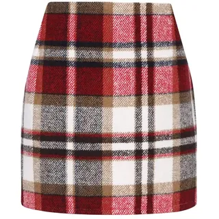 Kinghua Damen-Minirock aus Wolle, kariert, für Herbst und Winter, hohe Taille, Figurbetonter Bleistiftrock, Weinrot, Klein