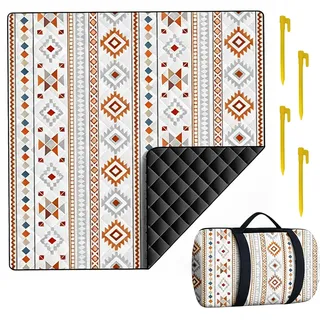 Alyxen Picknickdecke Wasserdicht 200 x 200 cm, Boho Sandfeste Stranddecke Isoliert für 6-8 Personeni mit Tragegriff, Picknickmatte mit Heringen für Graskonzert, Park, BohoGeometrie
