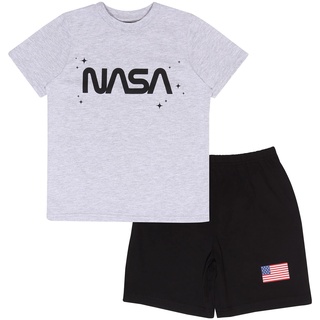 NASA US Flag Text Logo Kurzer Pyjama, Kinder, 116-170, Schwarz/Heather grau, Offizielle Handelsware