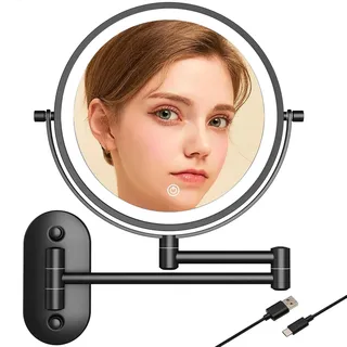 TUSHENGTU schminkspiegel mit Beleuchtung, 22cm Wand-Rasierspiegel für das badspiegel mit 10x Vergrößerung und Aufbewahrungsbox, LED wiederaufladbar, Schwarz, 8CB-B-10X