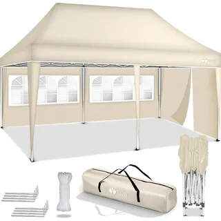 tillvex Pavillon 3x6m - mit 3 Seitenwänden Beige wasserdicht | Pop-Up Faltpavillon höhenverstellbar | Gartenzelt UV Schutz 50+ | Partyzelt mit Tasche für Garten - Beige