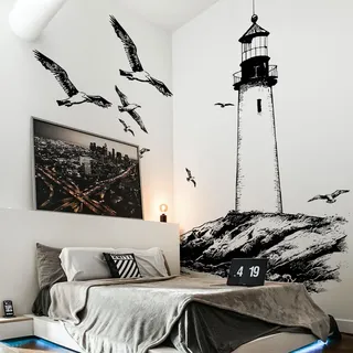 WandSticker4U®- XXL Wandtattoo Leuchtturm Schwarz Weiß groß (101x112 cm) I Wandsticker Wohnzimmer modern Maritim Ozean Meer Küste Möwen I Wandaufkleber Wanddeko Badezimmer Flur Schlafzimmer